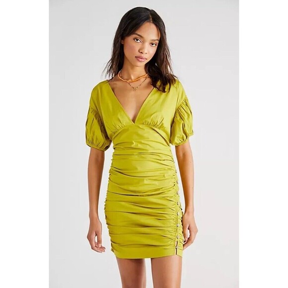 Free People Tastemaker Mini Buttondown V Neck Ruched Puff‎ Sleeve Dress Small S - Picture 1 of 11